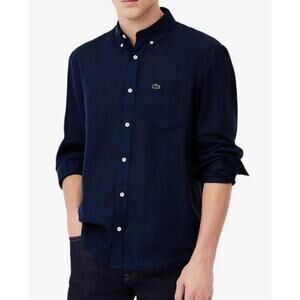 Lacoste Men's Long Sleeve Regular Fit Linen Button Down Shirt Navy 2XL